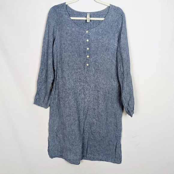 Studio 412 S Linen Henley Long Sleeve Shift Button Front Shift Dress Lagenlook - Picture 1 of 10
